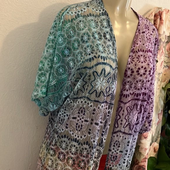 Beautiful Multi Color Lace Over Lay Purple Teal with Fringe Trim at the Bottom - Picture 4 of 11